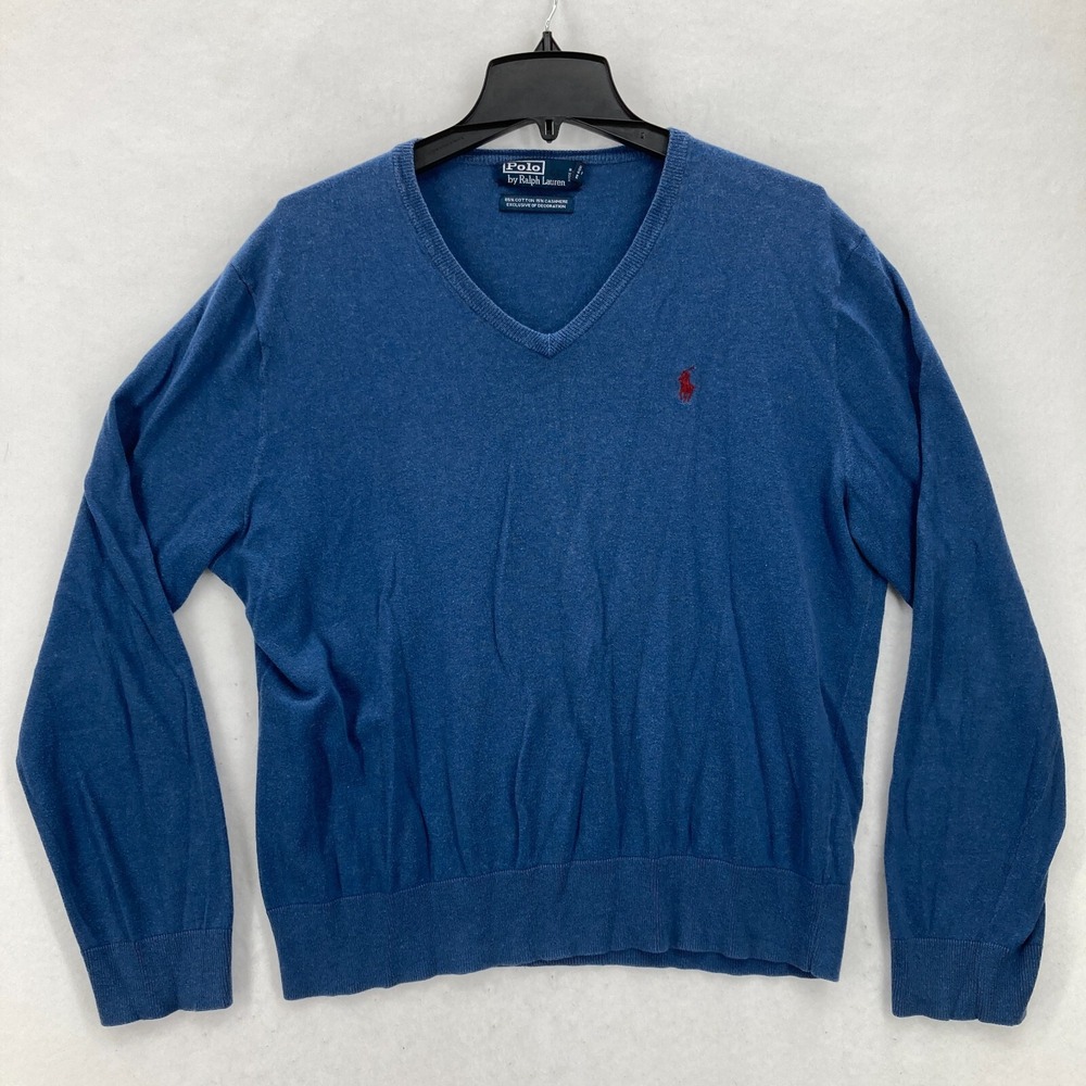 Polo Ralph Lauren Cashmere Blend V Neck Sweater Mens L Blue Long Sleeve Preppy